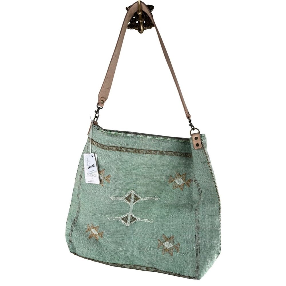 NWT Free People Jenna Bee Handmade Cactus Silk Tote in Green Zipper Top Large